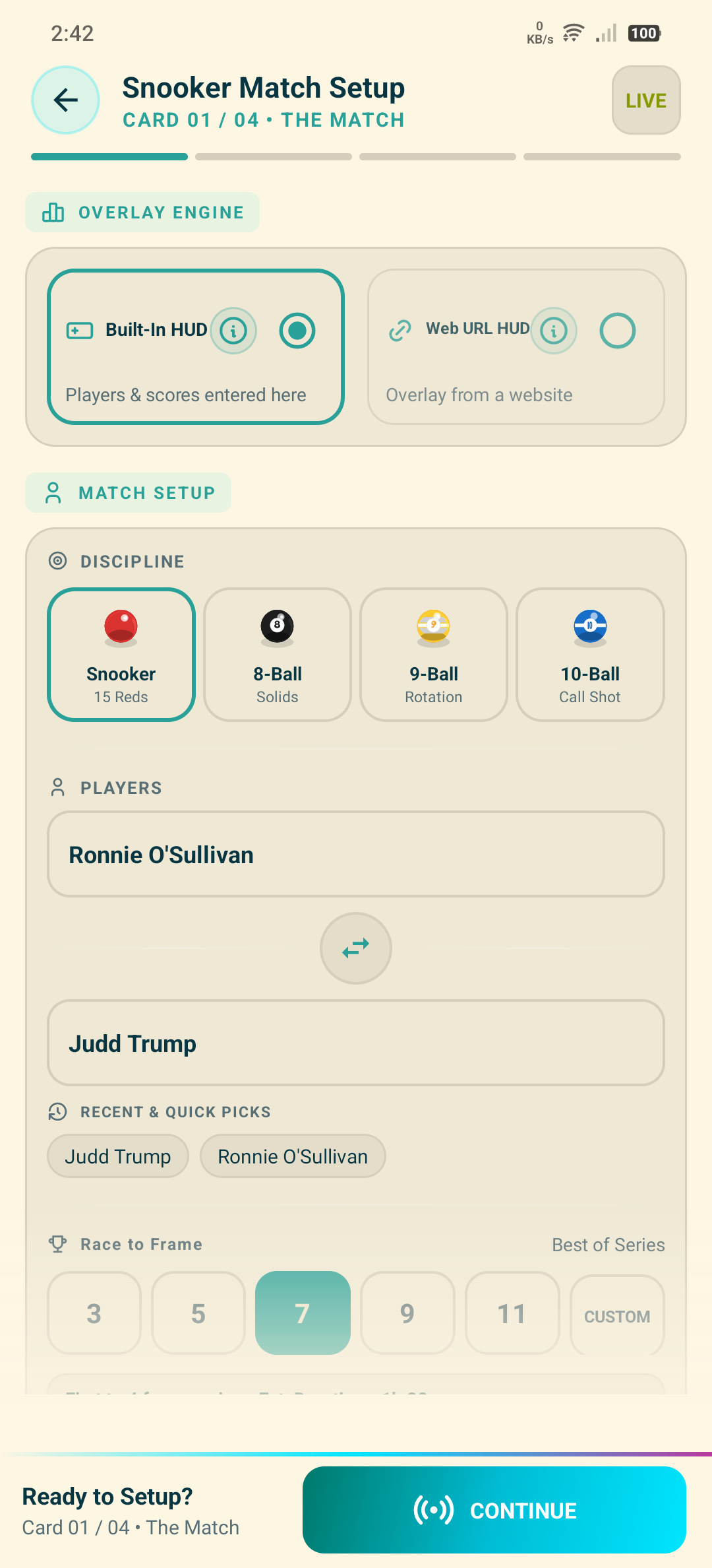 Match setup screen