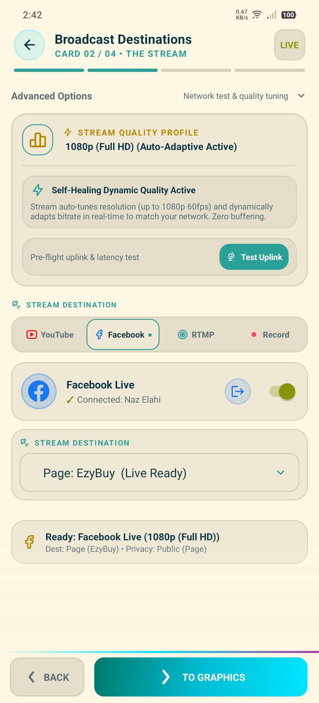 Stream setup screen